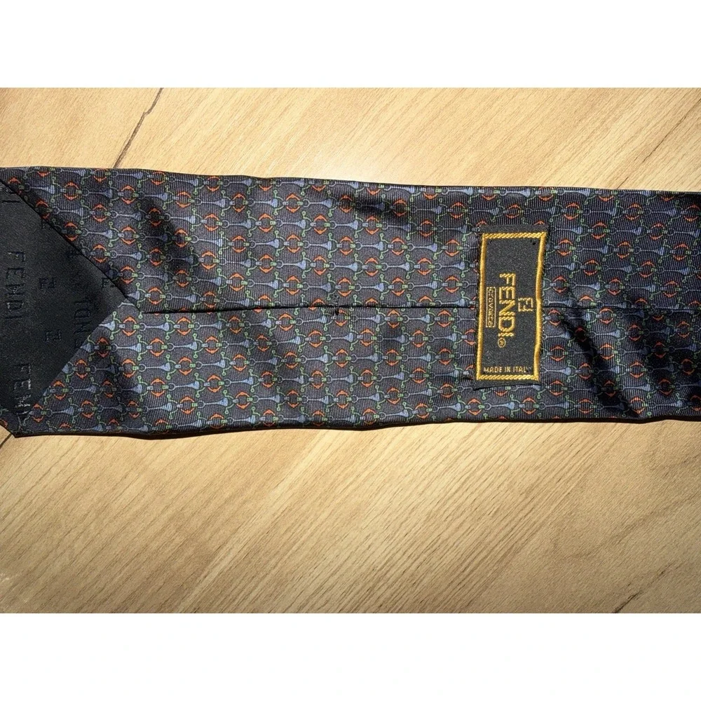 Vintage Fendi 100% Silk Tie Blue Red  Italy Luxury Designer Horsebit Geometric Y